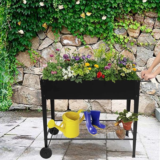 VINGLI Large Metal Raised Garden Bed Planter Box with Legs and Wheels Outdoor Elevated Mobile Garden Bed for Vegetables Fruits and Flowers Ergonomic Patio Metal Planter (40 L x 19 W x 32 H)