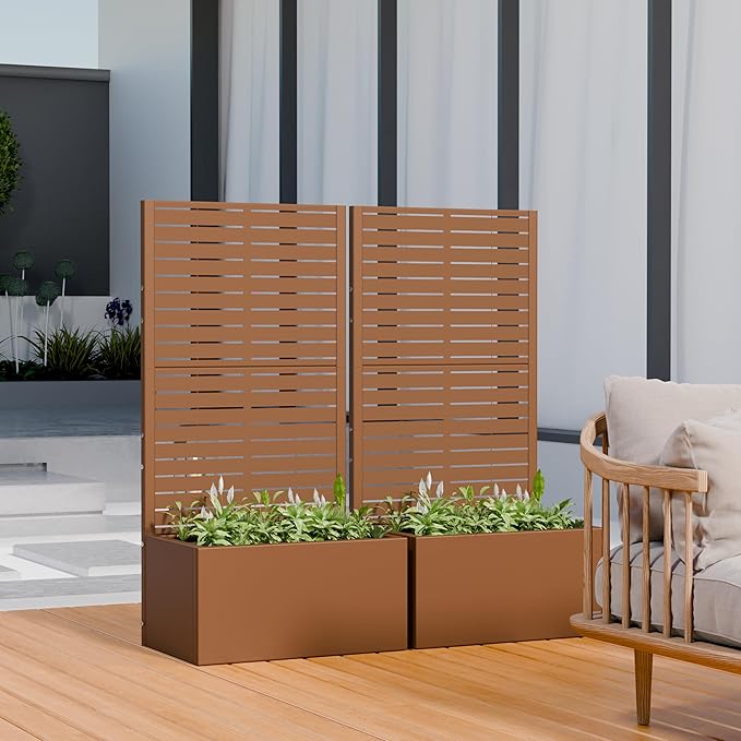 Casaphoria Metal Raised Garden Bed with Trellis 59x30x12 Planter Box for Climbing Plants Vegetables &amp Vines Features Drainage Holes and Privacy Screen (Black-Louvered)
