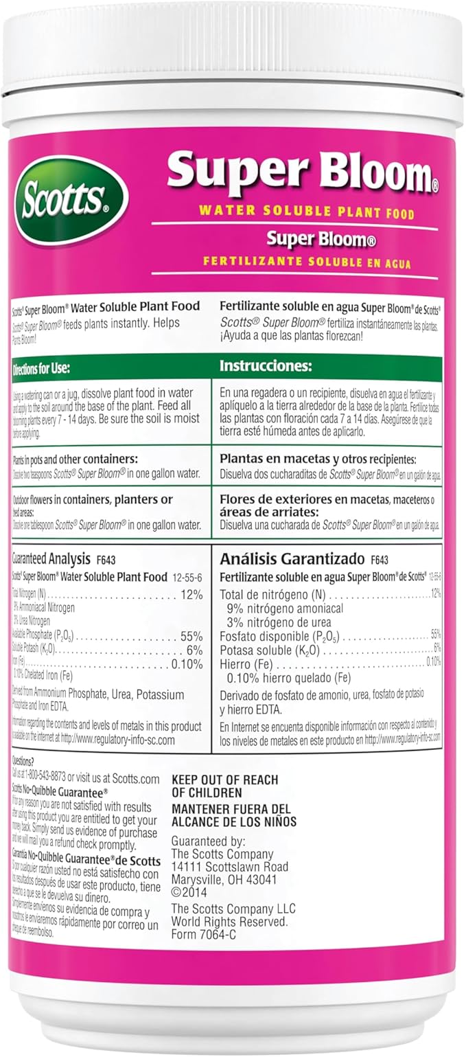 Scotts Super Bloom Water Soluble Plant Food 2 lb - NPK 12-55-6 - Fertilizer for Outdoor Flowers Fruiting Plants Containers and Bed Areas - Feeds Plants Instantly