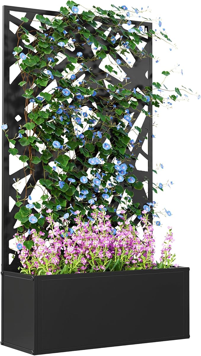 Outsunny Metal Raised Garden Bed with Trellis for Climbing Plants Freestanding or Wall Mounted Flower Bed with Privacy Panel Irregular Line Cut-Outs Outdoor Planter Box for Garden Patio Balcony