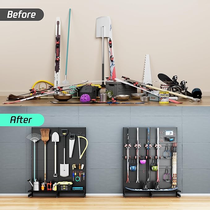 JWX Garage Pegboard Tool Organizer Free Standing Organizer Storage Rack with 21 Pegboard Storage Set Max 300 lbs Super Heavy Duty Garden Tool Hanger Rack for Ski Gears Broom Shovel Yard Tools