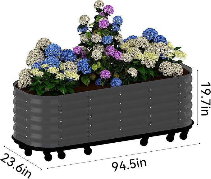 Mobile Large Raised Garden Bed with Water Reservoirs – Rustproof Galvanized Planter Cart with Wave Panels &amp Lock Wheel for Patio/Indoor Herbs(Gray)