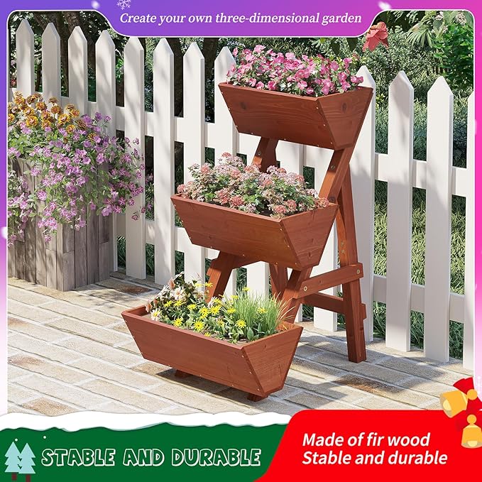 3-Tiers Wooden Raised Garden BedWood Planter Box for VegetableFlower RackFlower Pot StandsIndoor Outdoor Gardening Planting Beds (Brick red Small)