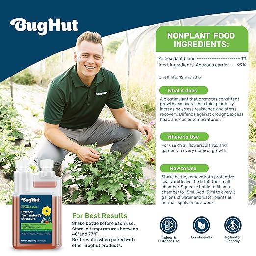 BugHut De-Stressor Plant Food - Natural Antioxidant for Healthy Growth and Protection - Liquid Antioxidant for Indoor and Outdoor Plants Flowers Vegetables - 16 fl oz Makes 63 gallons
