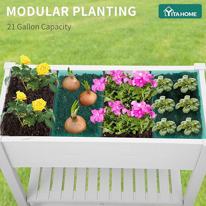 YITAHOME 43.3x17.7x34 in Elevated Garden Bed 2pcs Outdoor Plastic Planter Box with Wheels Legs Drain Plug and Storage Shelf for Plants Vegetables Flowers Herbs Grayish-White