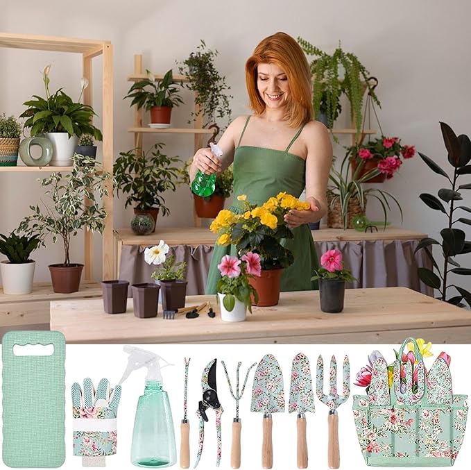 Garden Tool Set Patterned Organizer Bag Rust-Resistant Tools for Flower Beds Planting Digging Trimming Outdoor Yard Gardening for Gardener Mom Home Lightweight