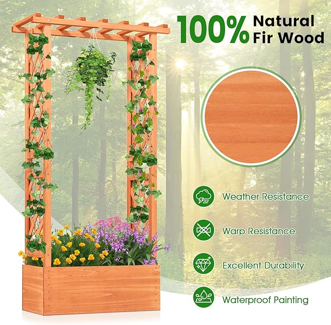 HAPPYGRILL Raised Garden Bed with Trellis Wood Elevated Garden Bed with Hanging Roof Planter Box Drainage Holes for Climbing Plants Flowers Vegetables 31 L x 14 W x 60 H