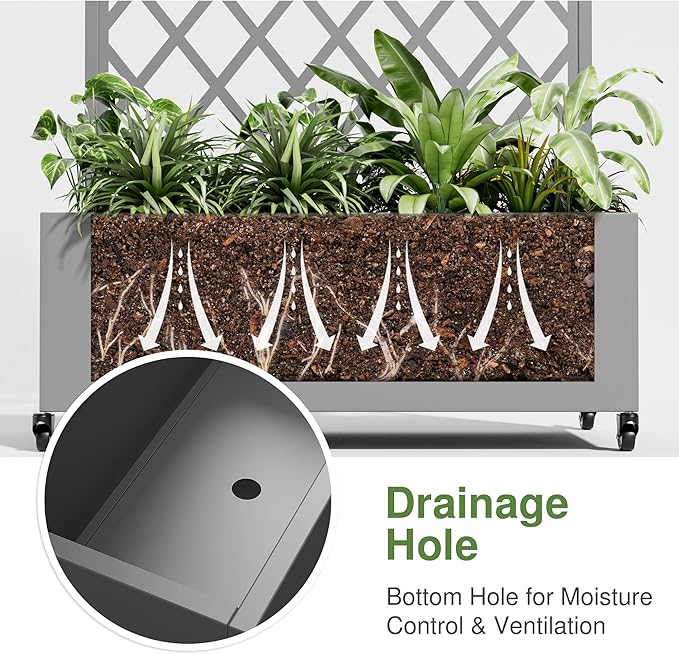 Casaphoria Metal Raised Garden Bed with Trellis and Wheels 72x35x16 Arched Planter Box for Climbing Plants Vegetables &amp Vines Features Drainage Holes and Privacy Screen (Grey-Laurence)