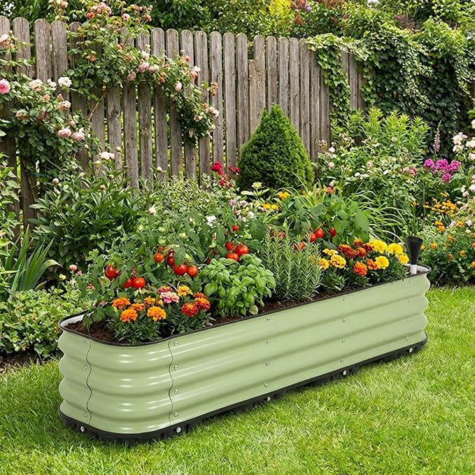 Aoodor Galvanized Raised Garden Bed 63'' Self-Watering Planter Box with Drainage Plug and Water Reservoir for Indoor &amp Outdoor Gardening Self-Watering Pot for Balcony Patio Backyard Green