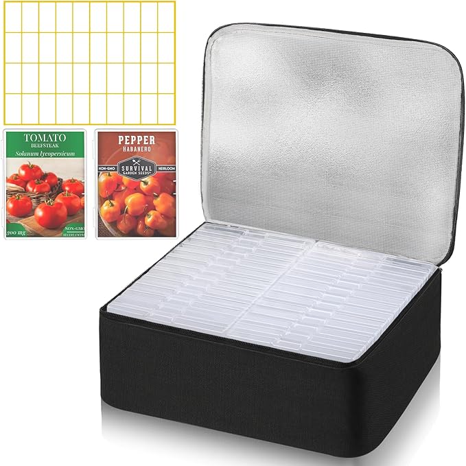 26 Slots Seed Storage Organizer Box with Insulated Bag That Holds 80-200 Seed Envelopes Oxford Cloth Garden Seed Containers with Labels Seed Packet Organizer for Plant Flower Vegetable Seeds