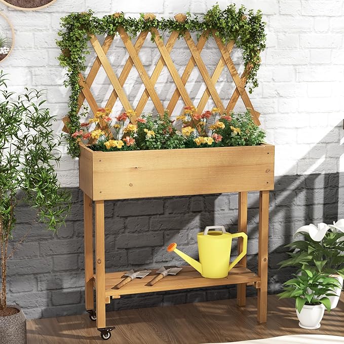 Raised Garden Bed with Trellis Fir Wood Elevated Planter Bed with Legs 2 Lockable Wheels &amp Storage Shelf Wooden Planter Box Raised Bed for Gardening Backyard Balcony &amp Greenhouse