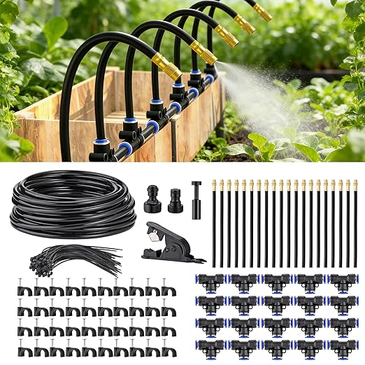 360° Adjustable Drip Irrigation System Garden Watering 5/16 Automatic Atomizing Sprinkler System with Hose Tubing Flexible Copper Nozzles Quick Connector Greenhouse Raisedbed Lawn (65ft + 20 Nozzles)