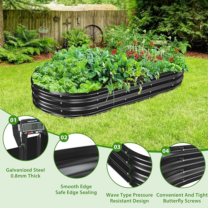 Oval Galvanized Planter Box Metal Raised Garden Bed - 0.8MM Thick- Ideal for Outdoor Gardening and Planting of Vegetables Flowers Fruits Succulent Plants and Others (Black 6X3X1 FT)