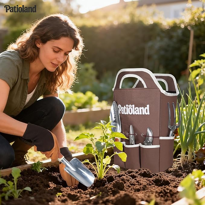 10-Piece Garden Tool Set Brown Gardening Hand Tools with Non-Slip Handles Heavy Duty Rust-Proof Aluminum Tools Organizer Tote Bag &amp Gardening Gloves Ideal Gardening Gifts for Women and Men