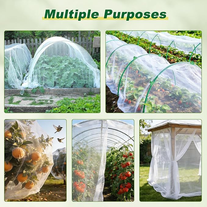 Garden Netting Kit 10 X 50FT Garden Netting Pest Barrier with 10 Sets Garden Hoops and 20pcs Clips Insect Netting Row Cover for Raised Beds Vegetable Fruits Flowers Protection