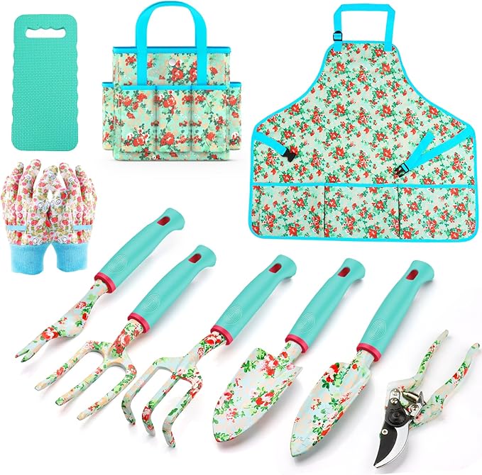 Garden Tools Set JUMPHIGH 10 PCS Heavy Duty Gardening Tools Includes Hand Trowel Rake Weeder Pruner Gardening Gifts for Women Garden Kit with Tote Bag Apron Gloves Kneeling Pad