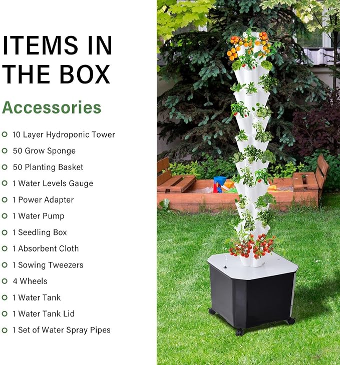 Vertical Hydroponic Tower Garden System 10 Layer 50 Pods with 50L Water Tank Hydroponic Grow Tower Kit with Water Pump &amp Timer BPA-Frees Modularity Indoor/Outdoor for Strawberries Tomatoes Lett