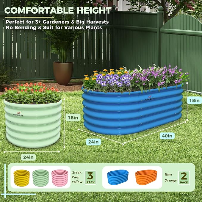 A ANLEOLIFE 5-Pack 18in Tall Kids Mini Raised Garden Beds Outdoor 40x24in Oval &amp 24x24in Round Galvanized Metal Planter Box for Planting Vegetables Flowers Fruits Eco-Safe &amp Easy Setup
