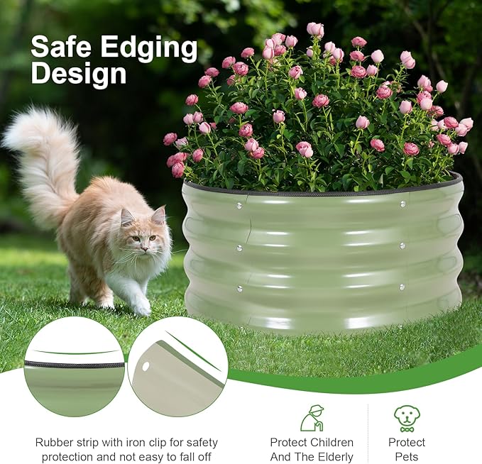 Galvanized Raised Garden Bed- 2Pcs 2x2x1FT Metal Planter Boxes Outdoor | Round Steel Raised Bed Kit &amp Fire Pit Ring for Gardening with Protective Tape Gloves for Vegetables Flower (Green)