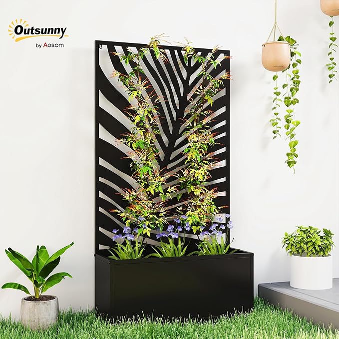 Outsunny Metal Raised Garden Bed with Trellis for Climbing Plants Freestanding or Wall Mounted Flower Bed with Privacy Panel Large Leaf Cut-Out Outdoor Planter Box for Garden Patio Balcony