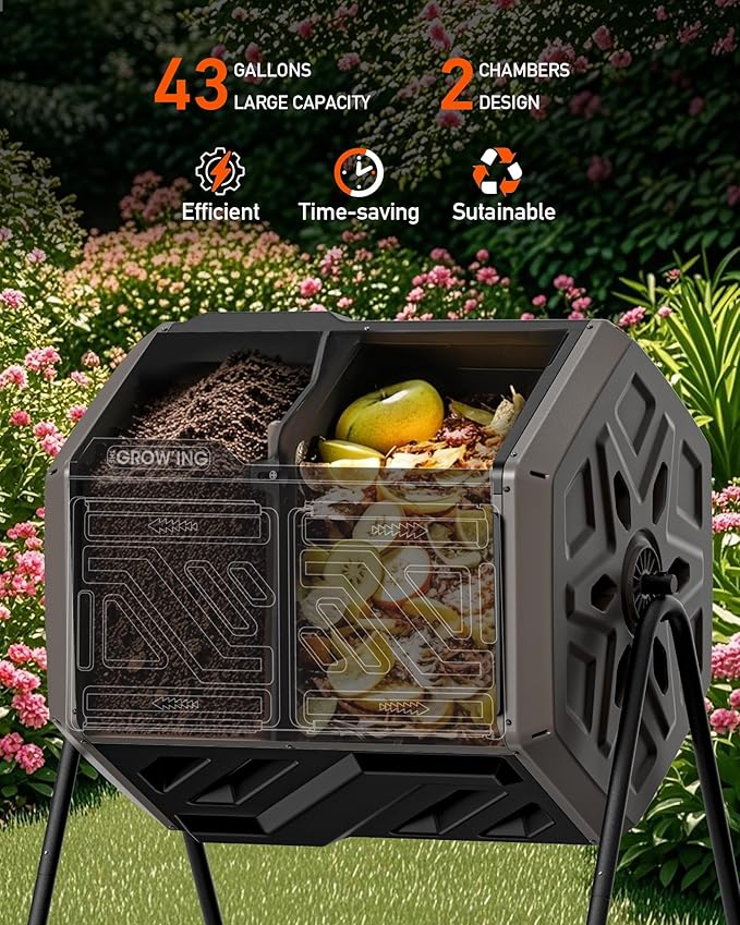 THEGROW'ING Updated 43 Gallon Compost Bin Outdoor Fast Assemble Tumbling Composter Dual Chamber Composter Tumbler Rotating Compost Bin for Outside Backyard Garden and Yard Coffee