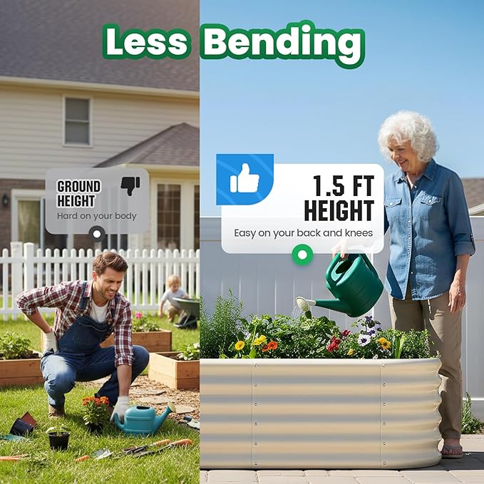 Quictent Raised Garden Bed Kit Oval Galvanized Metal Planter Box Tall for Vegetables Outdoor Backyard Strengthened by Crossbar Beige 8x4x1.5 ft