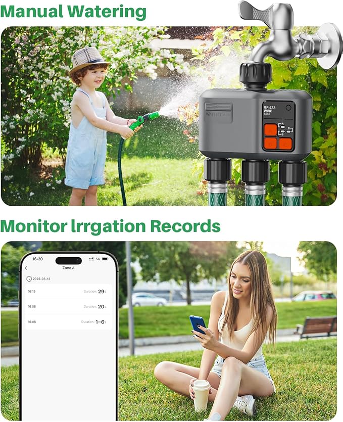 WiFi Sprinkler Timer 3 Zone with 984 Feet RF Gateway 3 Outlet Smart Water Timer for Garden Hose with Rain Delay/Manual/AutomaticWiFi Water Hose Timers for Garden &amp Lawns