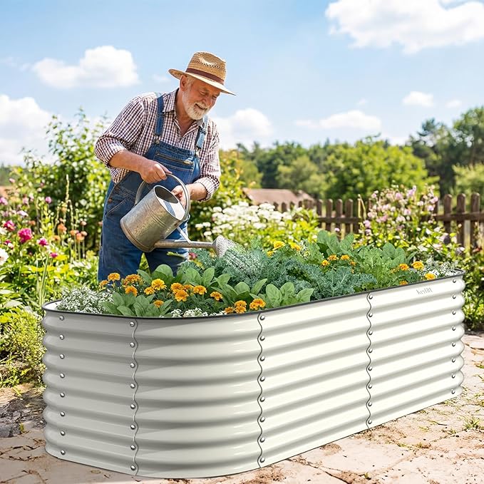 Kesfitt Raised Garden Bed Outdoor Galvanized Steel Metal Raised Bed Planter for Vegetables 24-Inch Deep Open Bottom Backyard Garden Bed 6x3x2 ft Pearl White
