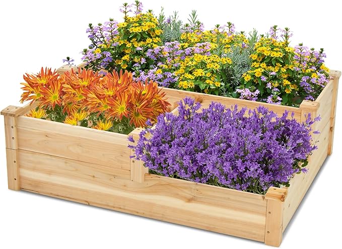 HAPPYGRILL 3-Tier Raised Garden Bed Wood Elevated Flower Box with Open-Ended Base &amp Plug-in Connector Outdoor Planter Raised Beds for Vegetables Herbs &amp Fruits
