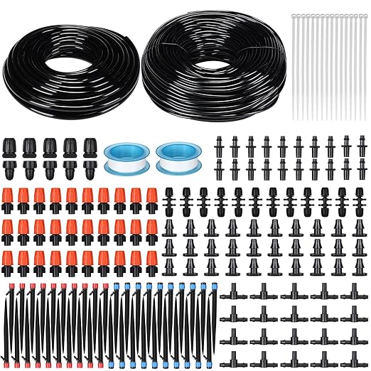 Yaomiao 394 ft Drip Irrigation System Kit 1/2 Inch Hose 1/4 Inch Distribution Tubing Drip Emitters Adjustable Misting Nozzle Barbed Fittings Patio Misting Plant Watering System for Garden Yard Lawn