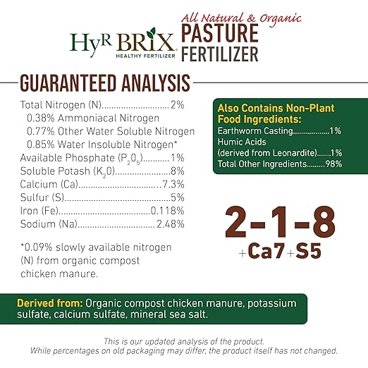 HyR BRIX All Natural &amp Organic 2-1-8 Pasture Fertilizer 45lb Bag - Organic Nutrition for Healthy Forage Livestock &amp Sustainable Pastures - Covers 4000 Square Feet