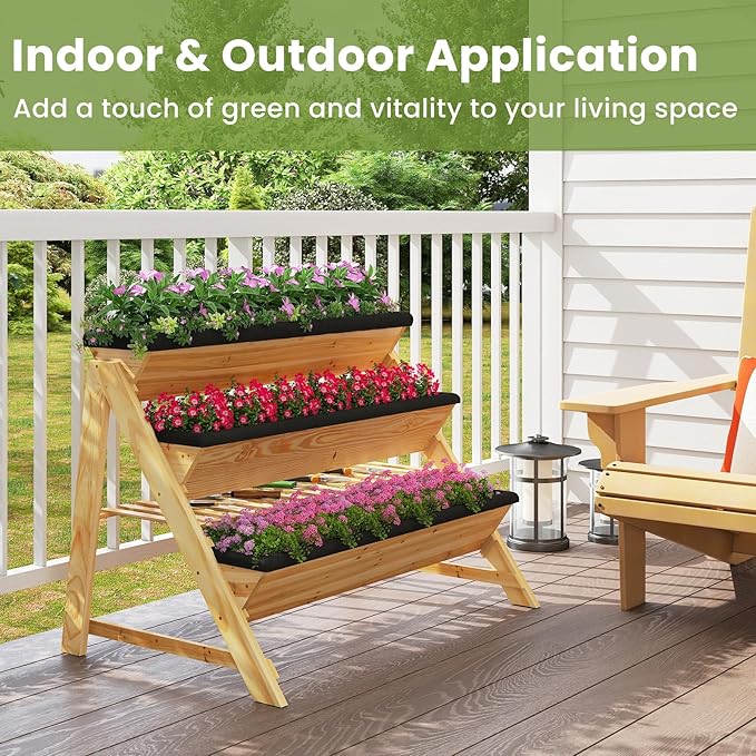 3-Tier Raised Garden Bed Vertical Garden Planter w/Storage Shelf Bed Liner &amp 2 Side Hooks Wood Elevated Planter Box Outdoor for Plants Vegetables Flowers HerbsNatural (46 x 29 x 31.5)