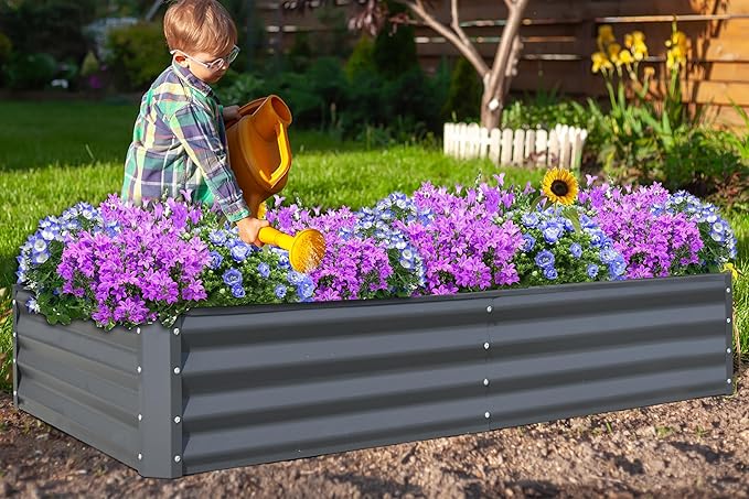 Domi Galvanized Raised Garden Bed Outdoor Planter Garden Boxes Large Metal Planter Box for Gardening Vegetables Fruits Flowers Dark Grey(8x4x1ft)