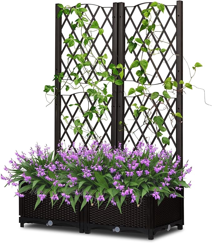 Wicker Raised Garden Bed with TrellisOutdoor Raised Bed Free-Standing Trellis Planter Box for Vine Climbing Plants and Flowers in Garden Patio Balcony