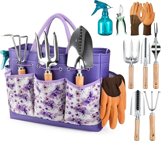 Gardening Tools 9-Piece Heavy Duty Garden Hand Tools with Fashion and Durable Garden Tools Organizer Handbag Rust-Proof Garden Tool Set Ideal Gardening Gifts for Women (Purple)