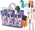 Gardening Tools 9-Piece Heavy Duty Garden Hand Tools with Fashion and Durable Garden Tools Organizer Handbag Rust-Proof Garden Tool Set Ideal Gardening Gifts for Women (Purple)