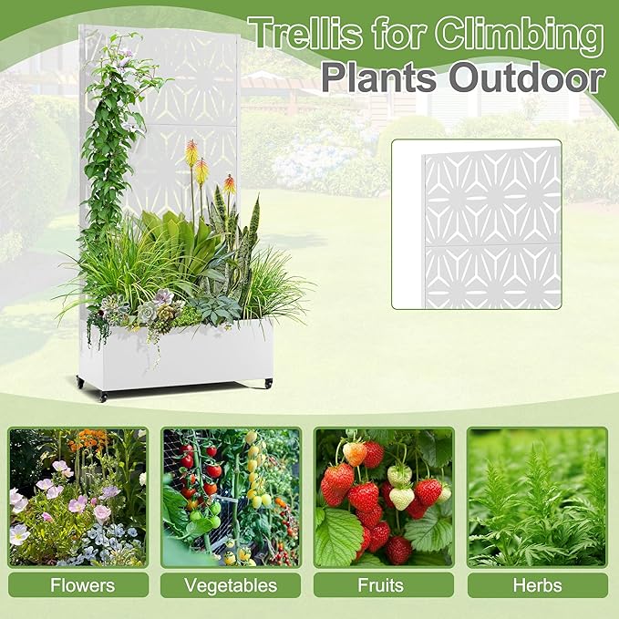 Raised Garden Bed with Trellis and Wheels73x35x16 Metal Raised Garden BedWhite Star Metal Planter with Climbing Trellis for Vines &amp Vegetables