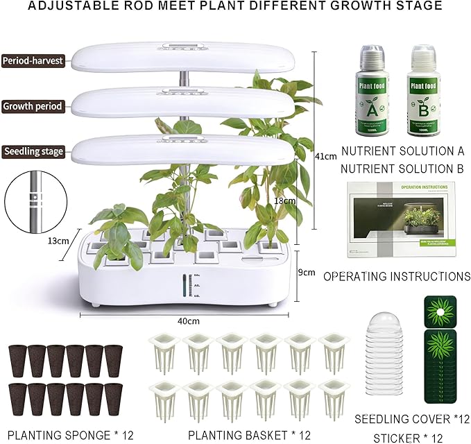 Hydroponics Growing System Kit Soil-Free Indoor Herbs Garden 12 Pods Plant Growth Equipment with 24W Full Spectrum LED Grow Light Smart Silent Cycle Water Pump 3.8L Tank for Gardening