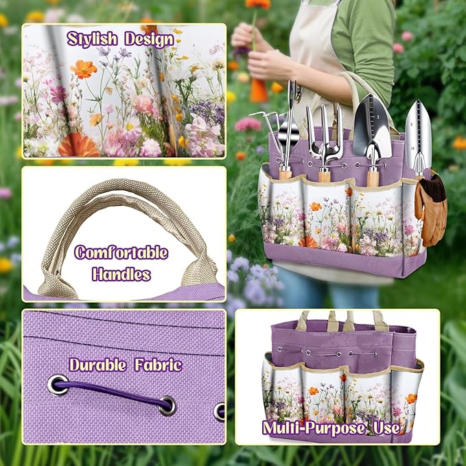 Gardening Tools 9-Piece Heavy-Duty Garden Tools Set Stainless Steel Garden Hand Tools with Purple Floral Tote Bag and Repotting Mat Garden Supplies Kit Gifts for Women