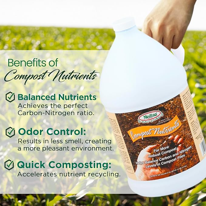 Medina Compost Nutrients - Compost Activator &amp Accelerator for Soil Improvement with Composting Cultures Balances Elements Maintains pH – Ideal for Garden Compost. 1 Quart Treats up to 250 lbs.