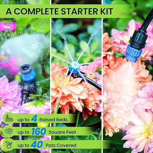 Bonviee 247FT Drip Irrigation System Automatic Garden Watering System Kit with 50FT 5/16” &amp 1/4” Drip Tubing Quick-to-Connect Fittings Adjustable Drip Emitters for Raised Beds Greenhouse Lawn