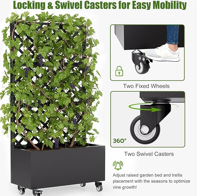 Metal Planter Box with Trellis and WheelsRaised Garden Bed with Trellis72 Tall Privacy Screen with Planter Box and Drainage HolesPlant Trellis for Climbing Plants OutdoorVegetablesVines
