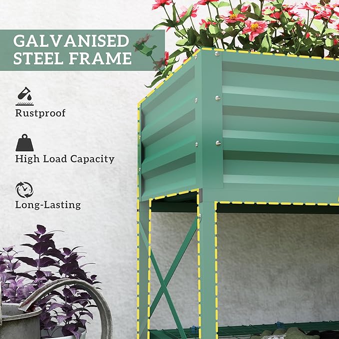 Outsunny Raised Garden Bed with Galvanized Steel Frame Storage Shelf and Bed Liner Elevated Planter Box with Legs for Vegetables Flowers Herbs Green