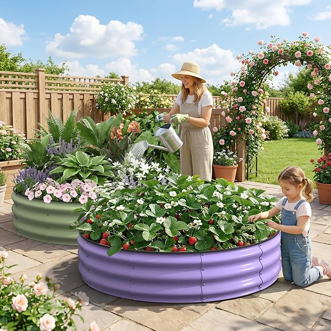 Kesfitt Round Raised Garden Bed 4x4x1 FT Galvanized Steel Metal Garden Bed Open-Bottom Design 12-Inch Deep Outdoor Raised Garden Bed for Vegetables &amp Herbs Fruit Green