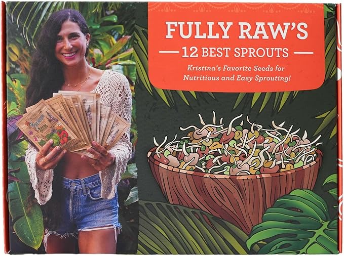 12 Variety Pack Organic Sprouting Seeds - Fully Raw Kristina's Sprouts Growing Kit with Sprouting Lid &amp Book - Alfalfa Seeds Mung Bean Radish Clover Seed Salad Mix Pea Health Blend &amp Mo