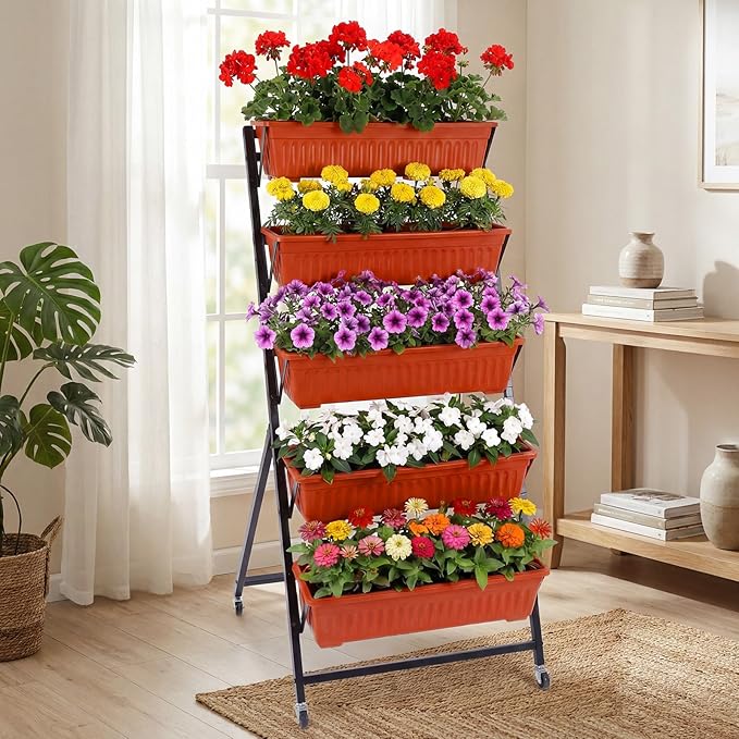 2 Pack 5 Tier Vertical Garden Planter with Wheels 4.5 ft Raised Garden Bed for Strawberry Herb Vegetable Flower Stackable Planter Boxes with Drainage for Patio Indoor Outdoor(Brick Red)