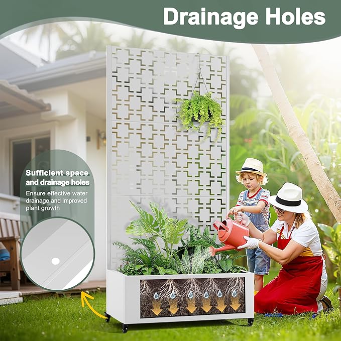 Raised Garden Beds Outdoor with Privacy Screen Metal Standing Planter Box with Trellis &amp Wheels Garden Boxes with Drainage Holes for Climbing Plants Flowers Vines (35L×16W×71H White Square
