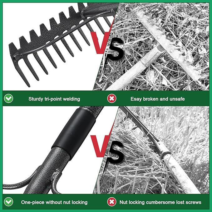 77'' Bow Rake 17 Tines Metal Head Rakes with Stainless Steel HandleHeavy Duty Garden Rake for Loosening Soil Gathering Leaf Leveling Lawn Farming Land Management Yarn Thatch Rake