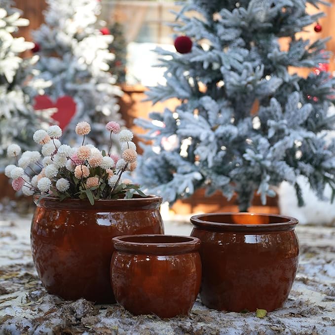 Handmade Rust Red Ceramic Plant Pots Set of 3 15129 Inch Diameter Indoor Outdoor Flower Pots for Tables Couchside Balcony Garden Breathable Clay with Drainage Hole