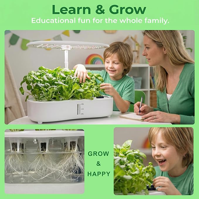 Hydroponics Growing System Kit Soil-Free Indoor Herbs Garden 12 Pods Plant Growth Equipment with 24W Full Spectrum LED Grow Light Smart Silent Cycle Water Pump 3.8L Tank for Gardening